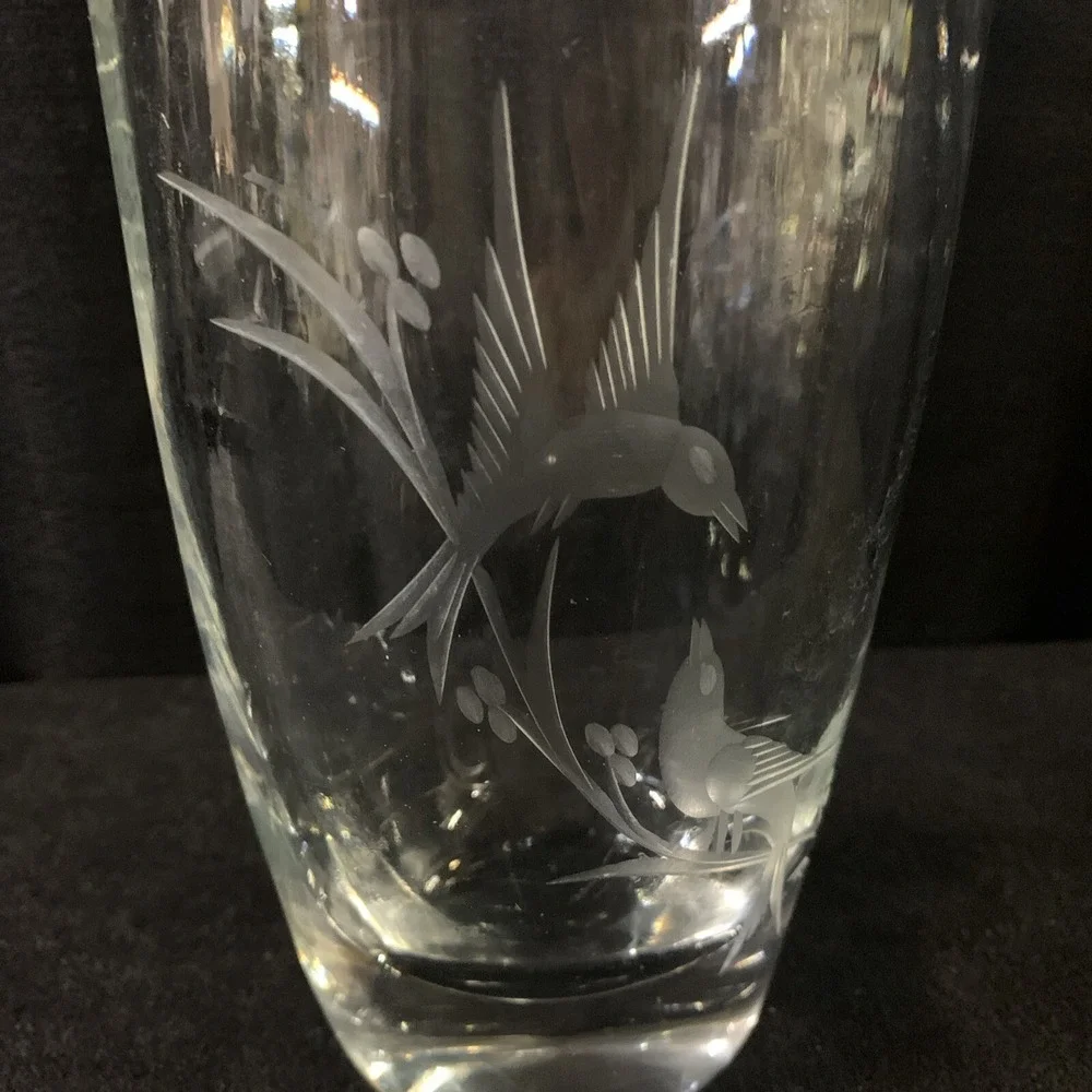 Vintage Art Glass Vase Etched Birds on Branch Oval Heavy Clear 6.5in MCM